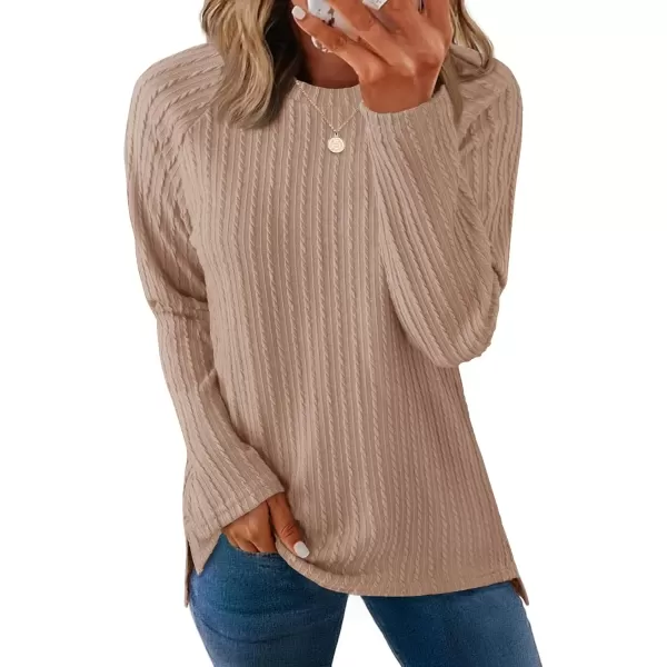 imageZESICA Long Sleeve Shirts for Women Crewneck Side Slit Casual Loose Tunic Tops Lightweight Basic Tee Fashion ClothesKhaki