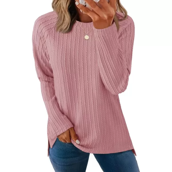 imageZESICA Long Sleeve Shirts for Women Crewneck Side Slit Casual Loose Tunic Tops Lightweight Basic Tee Fashion ClothesPink