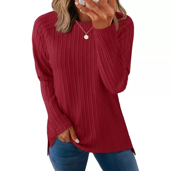 imageZESICA Long Sleeve Shirts for Women Crewneck Side Slit Casual Loose Tunic Tops Lightweight Basic Tee Fashion ClothesRed