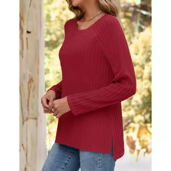 imageZESICA Long Sleeve Shirts for Women Crewneck Side Slit Casual Loose Tunic Tops Lightweight Basic Tee Fashion ClothesRed