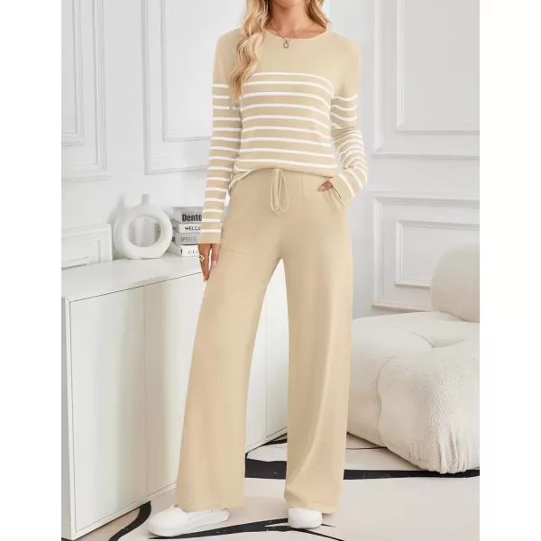 imageZESICA Womens 2 Piece Lounge Sets 2024 Fall Long Sleeve Striped Knit Fitted Tops Wide Leg Pants Pajama Sets OutfitsApricot