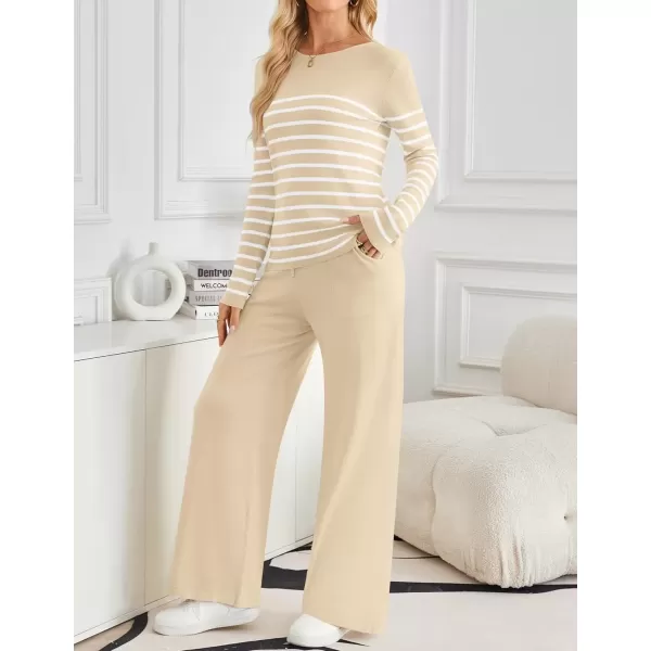 imageZESICA Womens 2 Piece Lounge Sets 2024 Fall Long Sleeve Striped Knit Fitted Tops Wide Leg Pants Pajama Sets OutfitsApricot