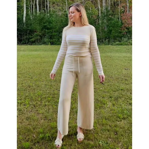 imageZESICA Womens 2 Piece Lounge Sets 2024 Fall Long Sleeve Striped Knit Fitted Tops Wide Leg Pants Pajama Sets OutfitsApricot