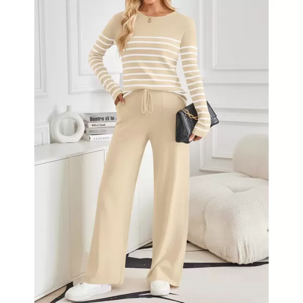 imageZESICA Womens 2 Piece Lounge Sets 2024 Fall Long Sleeve Striped Knit Fitted Tops Wide Leg Pants Pajama Sets OutfitsApricot