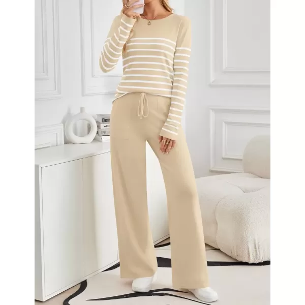 imageZESICA Womens 2 Piece Lounge Sets 2024 Fall Long Sleeve Striped Knit Fitted Tops Wide Leg Pants Pajama Sets OutfitsApricot