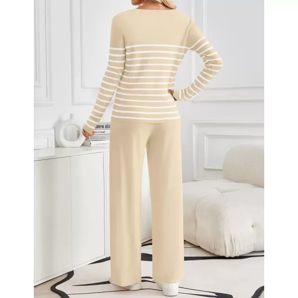 imageZESICA Womens 2 Piece Lounge Sets 2024 Fall Long Sleeve Striped Knit Fitted Tops Wide Leg Pants Pajama Sets OutfitsApricot