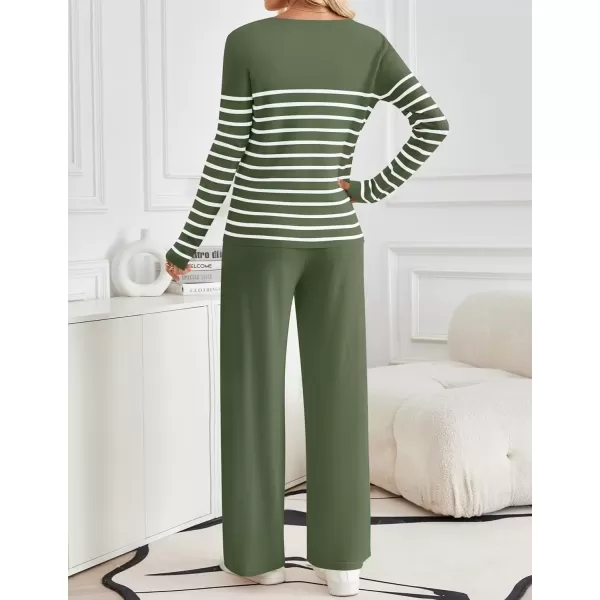 imageZESICA Womens 2 Piece Lounge Sets 2024 Fall Long Sleeve Striped Knit Fitted Tops Wide Leg Pants Pajama Sets OutfitsArmy Green