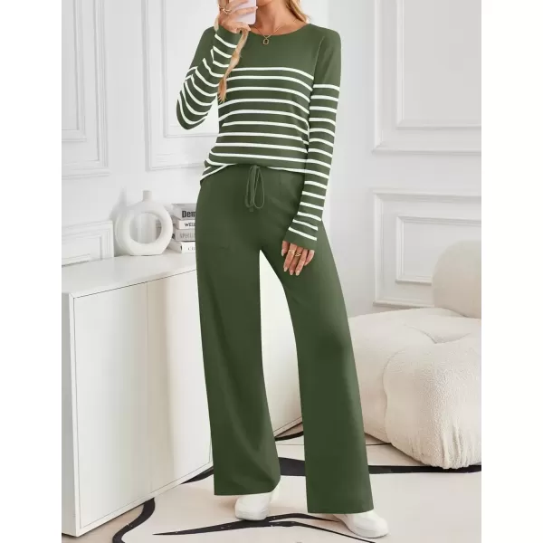 imageZESICA Womens 2 Piece Lounge Sets 2024 Fall Long Sleeve Striped Knit Fitted Tops Wide Leg Pants Pajama Sets OutfitsArmy Green