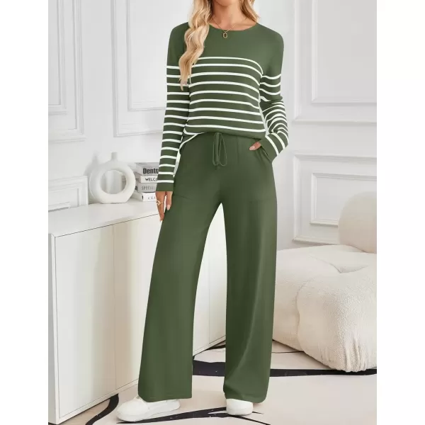 imageZESICA Womens 2 Piece Lounge Sets 2024 Fall Long Sleeve Striped Knit Fitted Tops Wide Leg Pants Pajama Sets OutfitsArmy Green