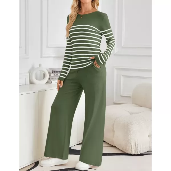 imageZESICA Womens 2 Piece Lounge Sets 2024 Fall Long Sleeve Striped Knit Fitted Tops Wide Leg Pants Pajama Sets OutfitsArmy Green