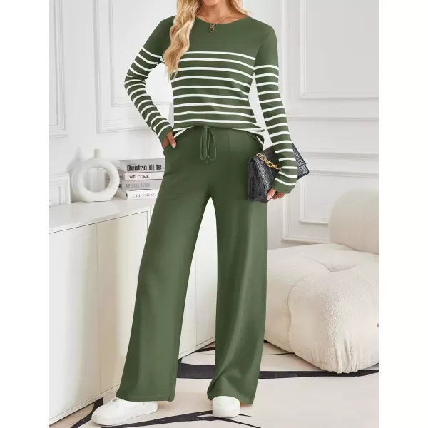 imageZESICA Womens 2 Piece Lounge Sets 2024 Fall Long Sleeve Striped Knit Fitted Tops Wide Leg Pants Pajama Sets OutfitsArmy Green