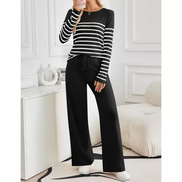 imageZESICA Womens 2 Piece Lounge Sets 2024 Fall Long Sleeve Striped Knit Fitted Tops Wide Leg Pants Pajama Sets OutfitsBlack
