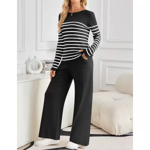 imageZESICA Womens 2 Piece Lounge Sets 2024 Fall Long Sleeve Striped Knit Fitted Tops Wide Leg Pants Pajama Sets OutfitsBlack