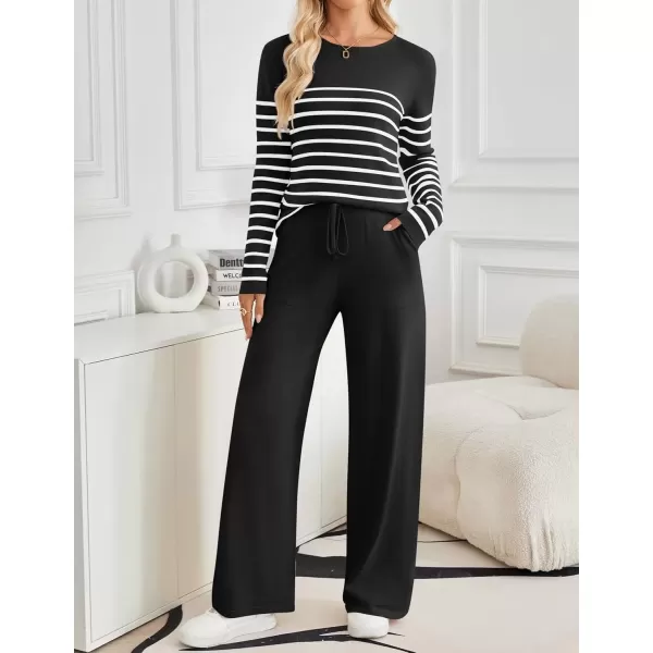 imageZESICA Womens 2 Piece Lounge Sets 2024 Fall Long Sleeve Striped Knit Fitted Tops Wide Leg Pants Pajama Sets OutfitsBlack