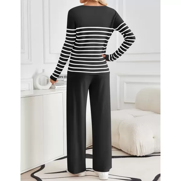 imageZESICA Womens 2 Piece Lounge Sets 2024 Fall Long Sleeve Striped Knit Fitted Tops Wide Leg Pants Pajama Sets OutfitsBlack