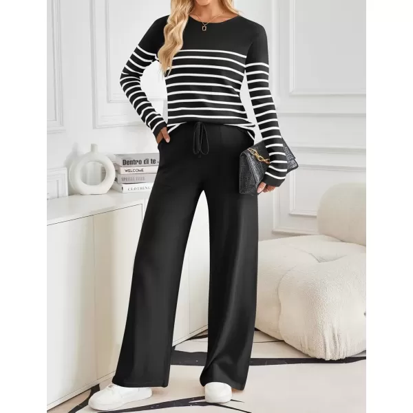 imageZESICA Womens 2 Piece Lounge Sets 2024 Fall Long Sleeve Striped Knit Fitted Tops Wide Leg Pants Pajama Sets OutfitsBlack