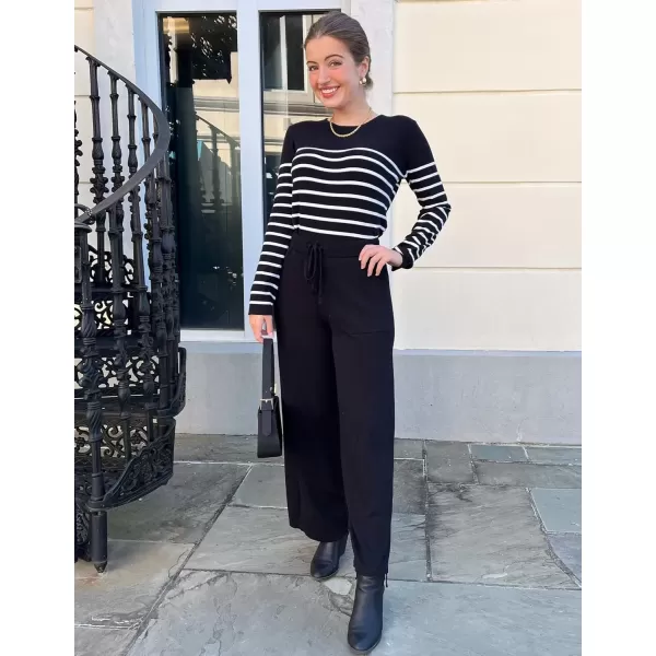 imageZESICA Womens 2 Piece Lounge Sets 2024 Fall Long Sleeve Striped Knit Fitted Tops Wide Leg Pants Pajama Sets OutfitsBlack