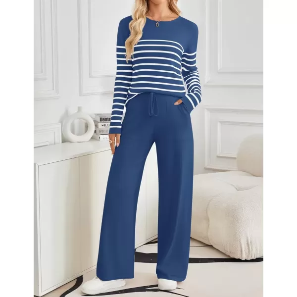 imageZESICA Womens 2 Piece Lounge Sets 2024 Fall Long Sleeve Striped Knit Fitted Tops Wide Leg Pants Pajama Sets OutfitsBlue