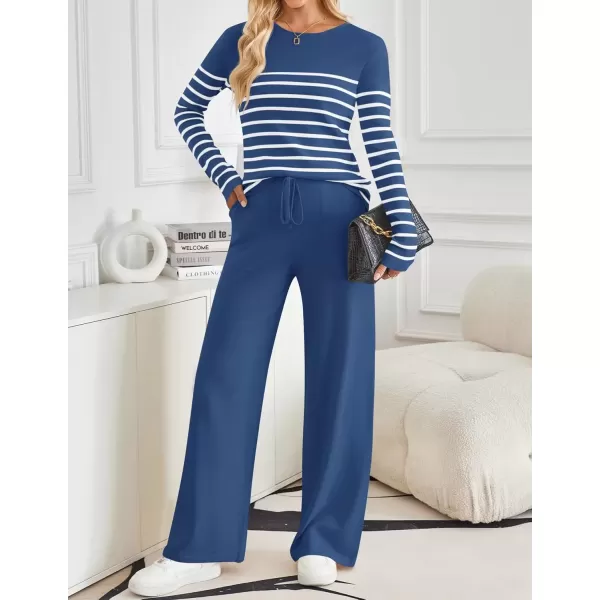 imageZESICA Womens 2 Piece Lounge Sets 2024 Fall Long Sleeve Striped Knit Fitted Tops Wide Leg Pants Pajama Sets OutfitsBlue