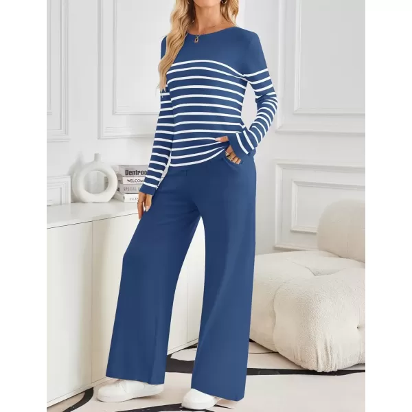 imageZESICA Womens 2 Piece Lounge Sets 2024 Fall Long Sleeve Striped Knit Fitted Tops Wide Leg Pants Pajama Sets OutfitsBlue