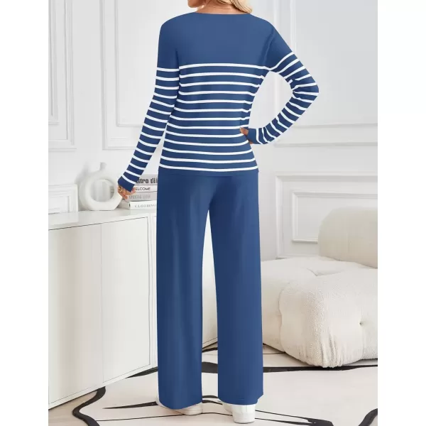imageZESICA Womens 2 Piece Lounge Sets 2024 Fall Long Sleeve Striped Knit Fitted Tops Wide Leg Pants Pajama Sets OutfitsBlue