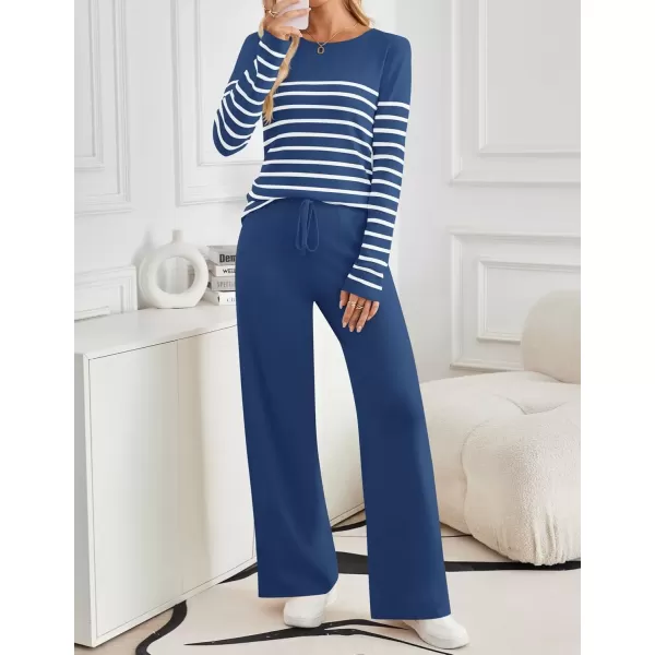 imageZESICA Womens 2 Piece Lounge Sets 2024 Fall Long Sleeve Striped Knit Fitted Tops Wide Leg Pants Pajama Sets OutfitsBlue