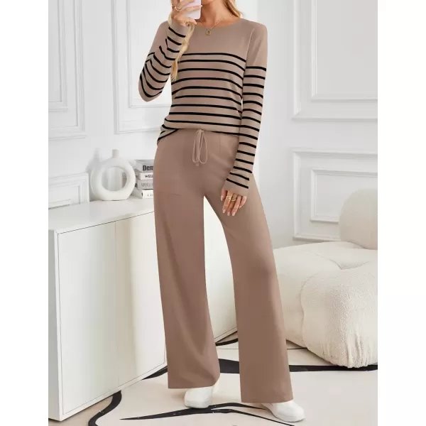 imageZESICA Womens 2 Piece Lounge Sets 2024 Fall Long Sleeve Striped Knit Fitted Tops Wide Leg Pants Pajama Sets OutfitsKhaki