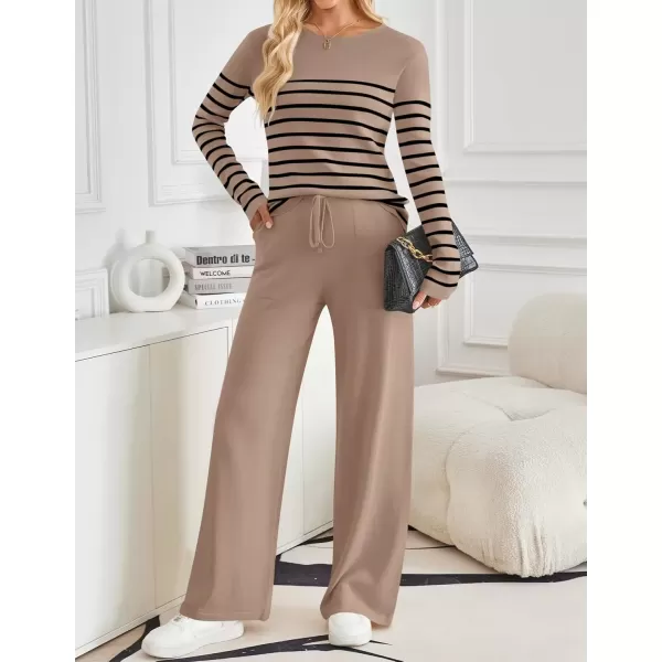 imageZESICA Womens 2 Piece Lounge Sets 2024 Fall Long Sleeve Striped Knit Fitted Tops Wide Leg Pants Pajama Sets OutfitsKhaki