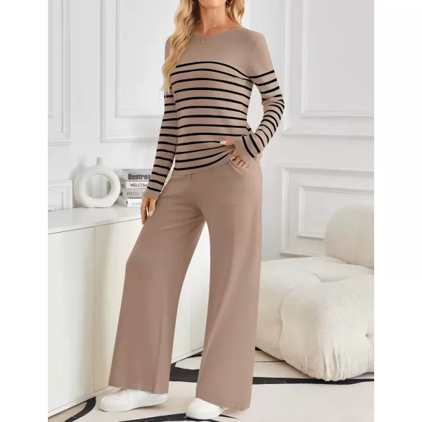 imageZESICA Womens 2 Piece Lounge Sets 2024 Fall Long Sleeve Striped Knit Fitted Tops Wide Leg Pants Pajama Sets OutfitsKhaki