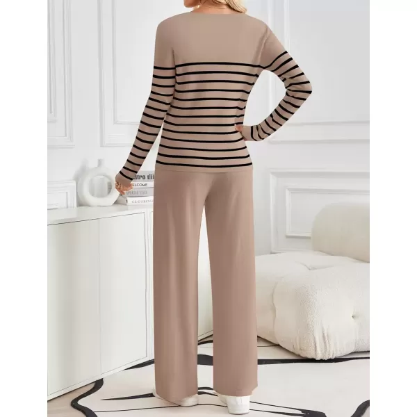 imageZESICA Womens 2 Piece Lounge Sets 2024 Fall Long Sleeve Striped Knit Fitted Tops Wide Leg Pants Pajama Sets OutfitsKhaki