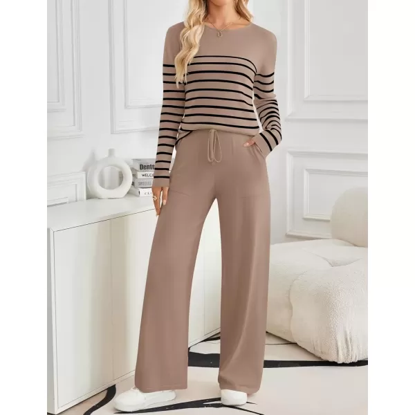 imageZESICA Womens 2 Piece Lounge Sets 2024 Fall Long Sleeve Striped Knit Fitted Tops Wide Leg Pants Pajama Sets OutfitsKhaki