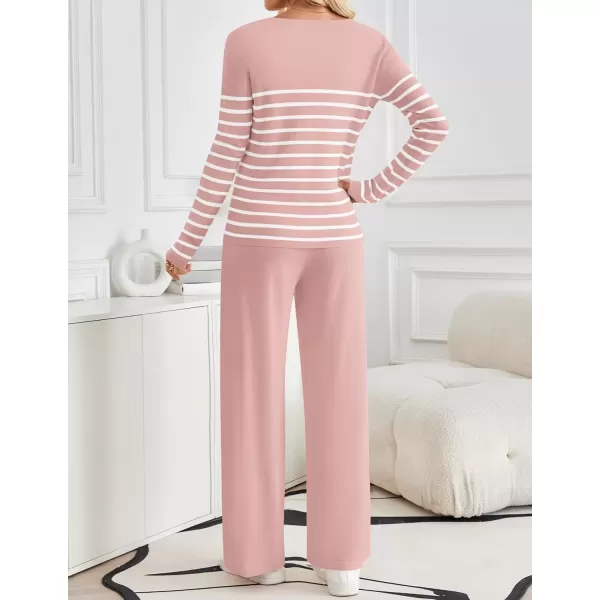 imageZESICA Womens 2 Piece Lounge Sets 2024 Fall Long Sleeve Striped Knit Fitted Tops Wide Leg Pants Pajama Sets OutfitsPink