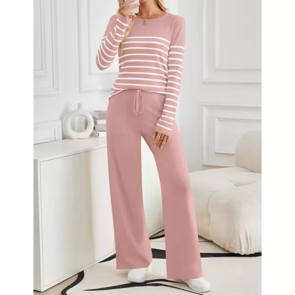 imageZESICA Womens 2 Piece Lounge Sets 2024 Fall Long Sleeve Striped Knit Fitted Tops Wide Leg Pants Pajama Sets OutfitsPink