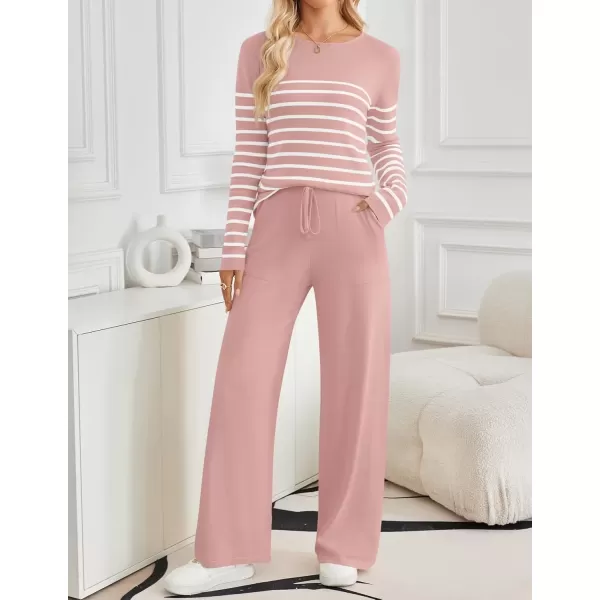 imageZESICA Womens 2 Piece Lounge Sets 2024 Fall Long Sleeve Striped Knit Fitted Tops Wide Leg Pants Pajama Sets OutfitsPink