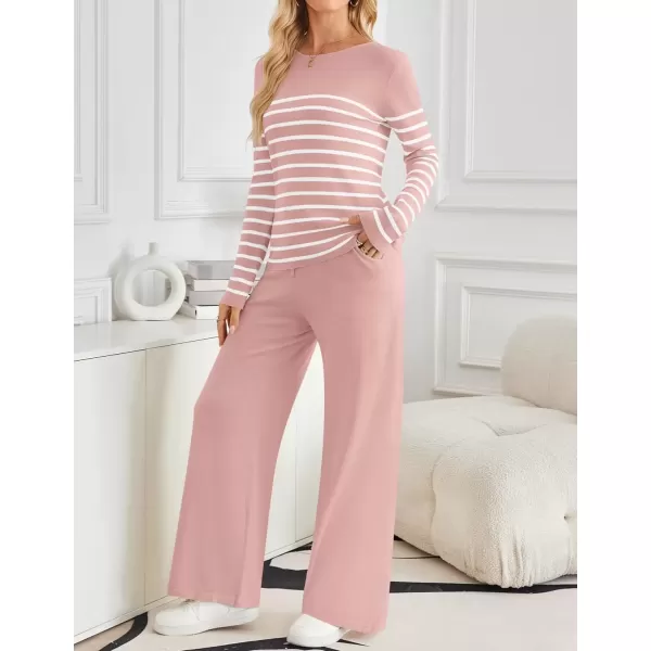 imageZESICA Womens 2 Piece Lounge Sets 2024 Fall Long Sleeve Striped Knit Fitted Tops Wide Leg Pants Pajama Sets OutfitsPink