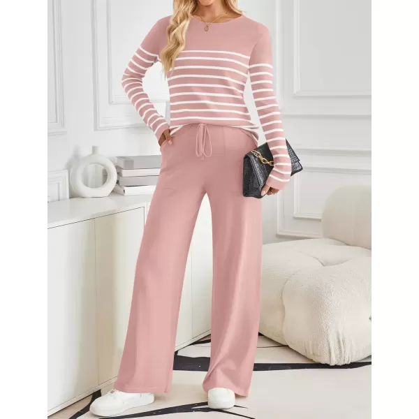 imageZESICA Womens 2 Piece Lounge Sets 2024 Fall Long Sleeve Striped Knit Fitted Tops Wide Leg Pants Pajama Sets OutfitsPink