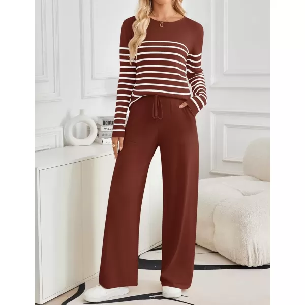 imageZESICA Womens 2 Piece Lounge Sets 2024 Fall Long Sleeve Striped Knit Fitted Tops Wide Leg Pants Pajama Sets OutfitsRust