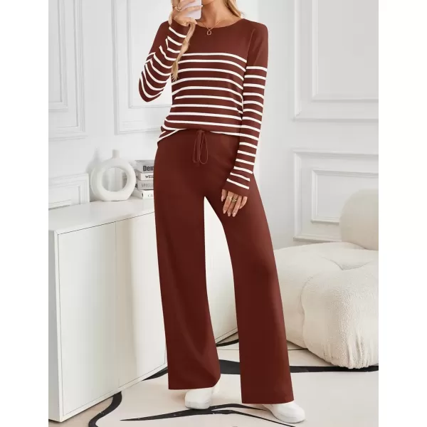 imageZESICA Womens 2 Piece Lounge Sets 2024 Fall Long Sleeve Striped Knit Fitted Tops Wide Leg Pants Pajama Sets OutfitsRust