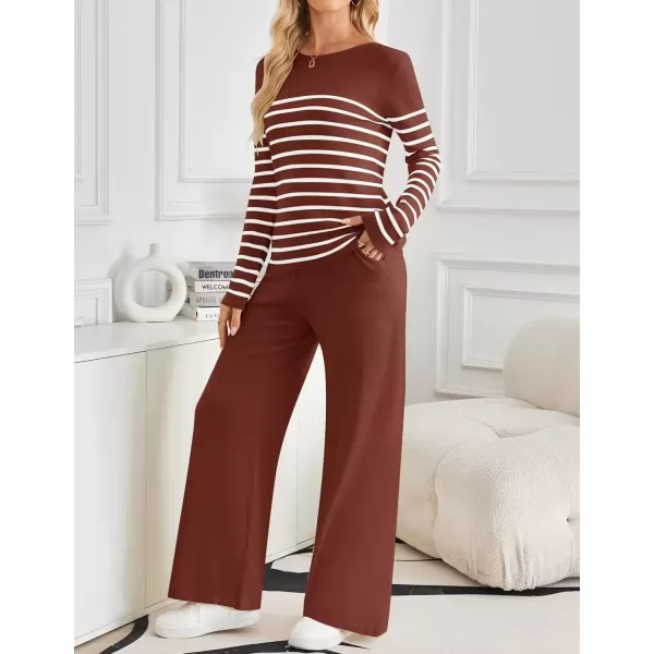 imageZESICA Womens 2 Piece Lounge Sets 2024 Fall Long Sleeve Striped Knit Fitted Tops Wide Leg Pants Pajama Sets OutfitsRust