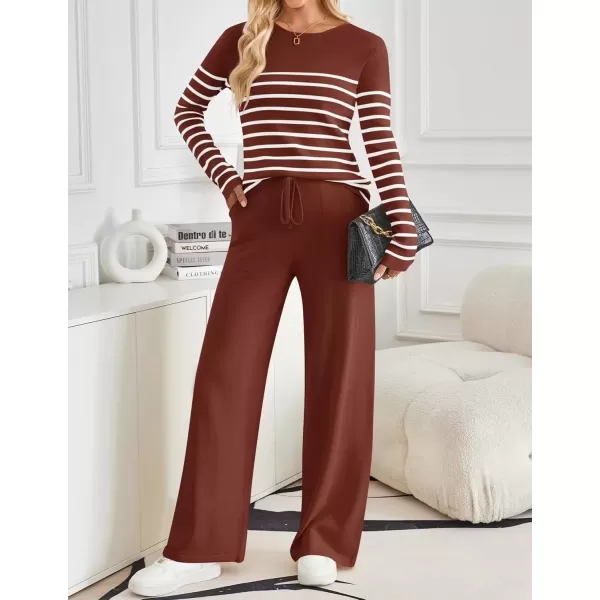 imageZESICA Womens 2 Piece Lounge Sets 2024 Fall Long Sleeve Striped Knit Fitted Tops Wide Leg Pants Pajama Sets OutfitsRust