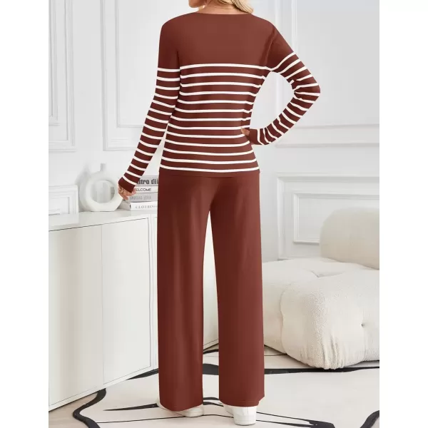 imageZESICA Womens 2 Piece Lounge Sets 2024 Fall Long Sleeve Striped Knit Fitted Tops Wide Leg Pants Pajama Sets OutfitsRust
