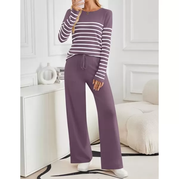 imageZESICA Womens 2 Piece Lounge Sets 2024 Fall Long Sleeve Striped Knit Fitted Tops Wide Leg Pants Pajama Sets OutfitsTaro