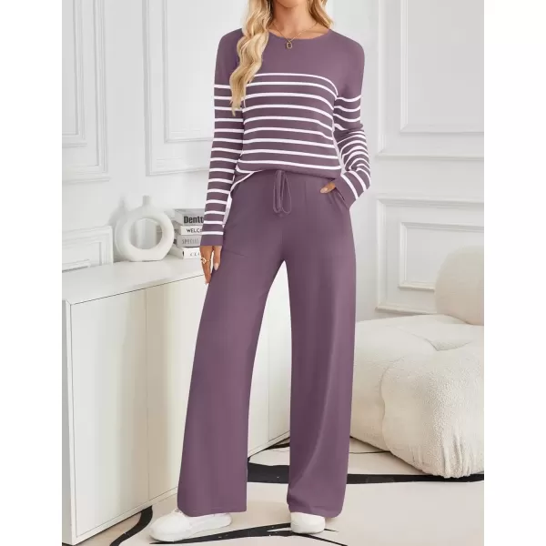 imageZESICA Womens 2 Piece Lounge Sets 2024 Fall Long Sleeve Striped Knit Fitted Tops Wide Leg Pants Pajama Sets OutfitsTaro