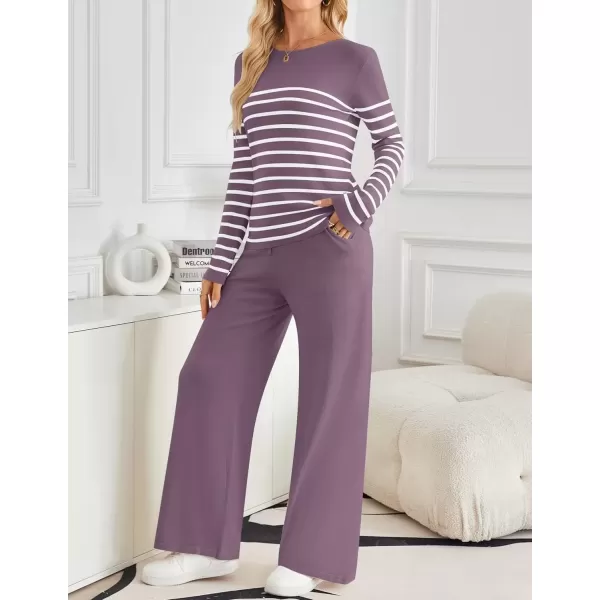 imageZESICA Womens 2 Piece Lounge Sets 2024 Fall Long Sleeve Striped Knit Fitted Tops Wide Leg Pants Pajama Sets OutfitsTaro