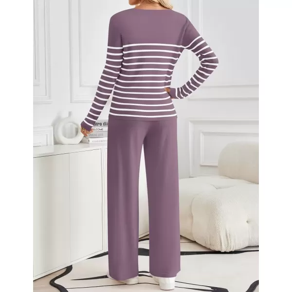 imageZESICA Womens 2 Piece Lounge Sets 2024 Fall Long Sleeve Striped Knit Fitted Tops Wide Leg Pants Pajama Sets OutfitsTaro