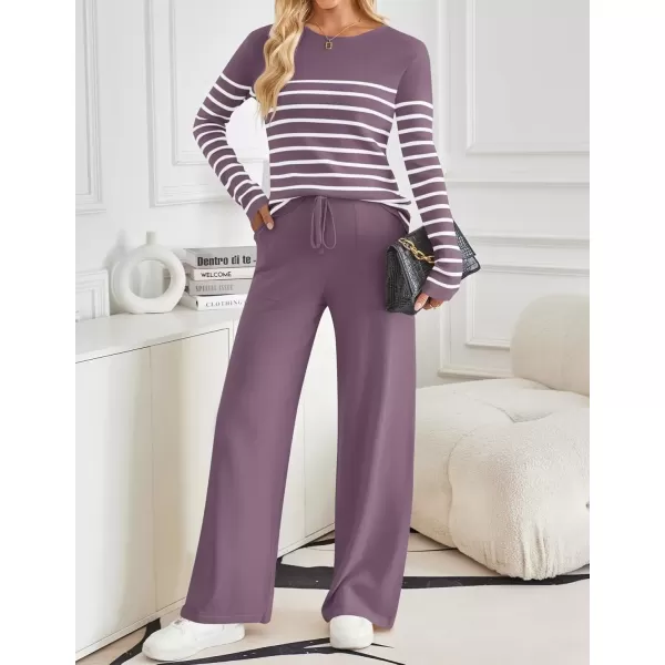 imageZESICA Womens 2 Piece Lounge Sets 2024 Fall Long Sleeve Striped Knit Fitted Tops Wide Leg Pants Pajama Sets OutfitsTaro