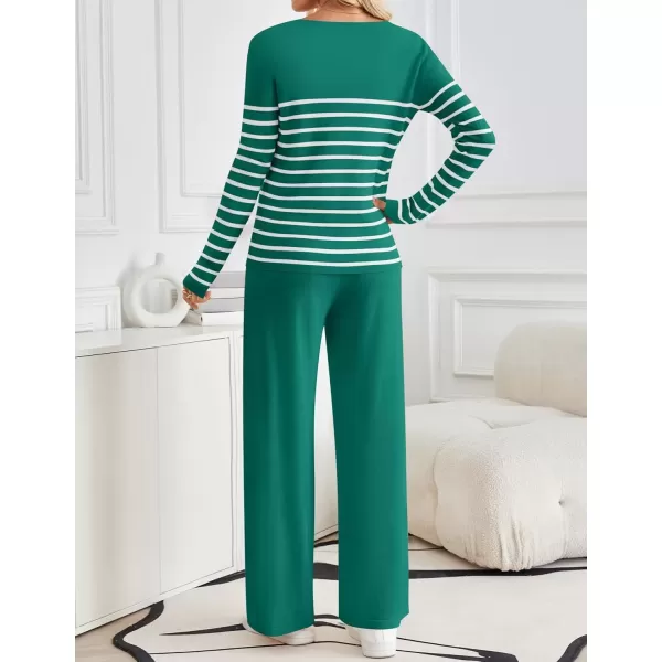 imageZESICA Womens 2 Piece Lounge Sets 2024 Fall Long Sleeve Striped Knit Fitted Tops Wide Leg Pants Pajama Sets OutfitsTeal