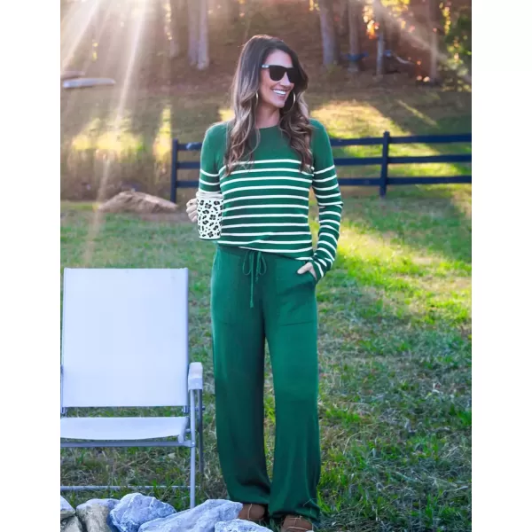 imageZESICA Womens 2 Piece Lounge Sets 2024 Fall Long Sleeve Striped Knit Fitted Tops Wide Leg Pants Pajama Sets OutfitsTeal