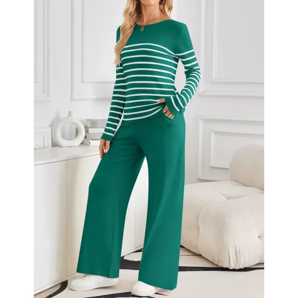 imageZESICA Womens 2 Piece Lounge Sets 2024 Fall Long Sleeve Striped Knit Fitted Tops Wide Leg Pants Pajama Sets OutfitsTeal