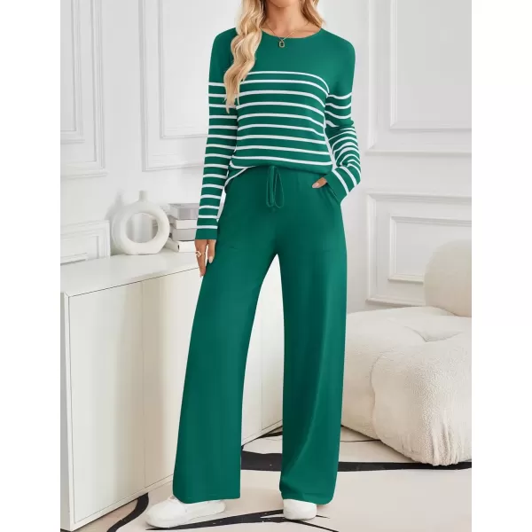 imageZESICA Womens 2 Piece Lounge Sets 2024 Fall Long Sleeve Striped Knit Fitted Tops Wide Leg Pants Pajama Sets OutfitsTeal